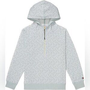 Tommy Hilfiger Half Zip Logo Alllover Print Hooded Pullover Grey Sweatshirt